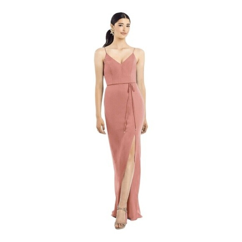 AFTER SIX RUFFLED BACK CHIFFON DRESS WITH JEWELED SASH IN DESERT ROSE Size 2R
